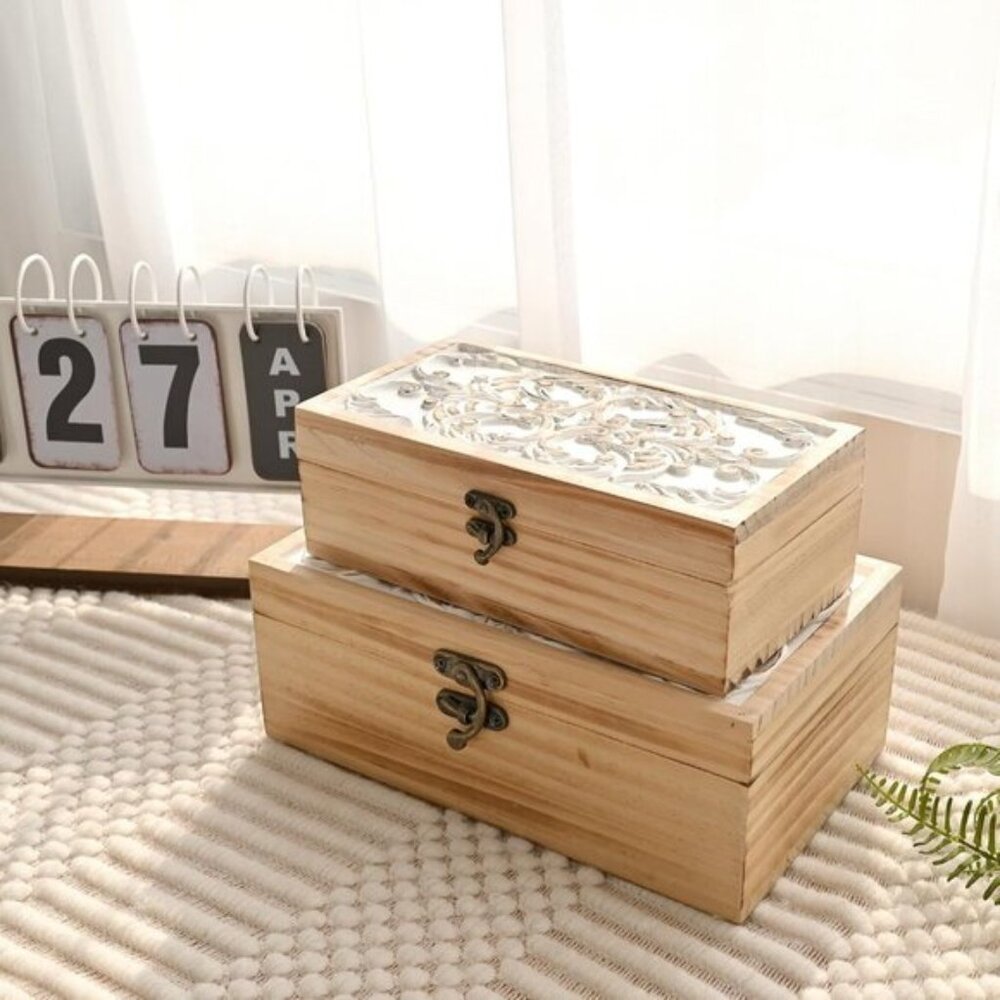 New Set of 2 Wooden Box, Decorative Rustic Boxes with Hinged Lid Design